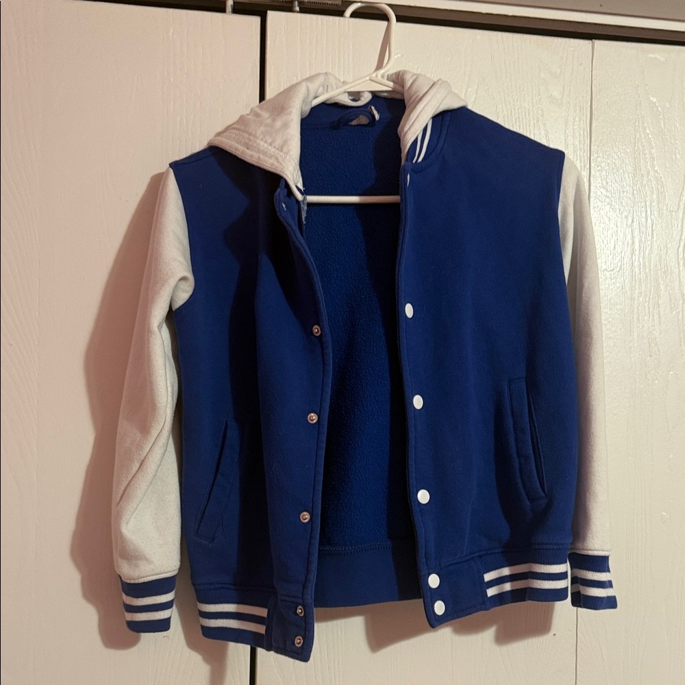Kids Blue and White Hoodie Letterman Style Jacket